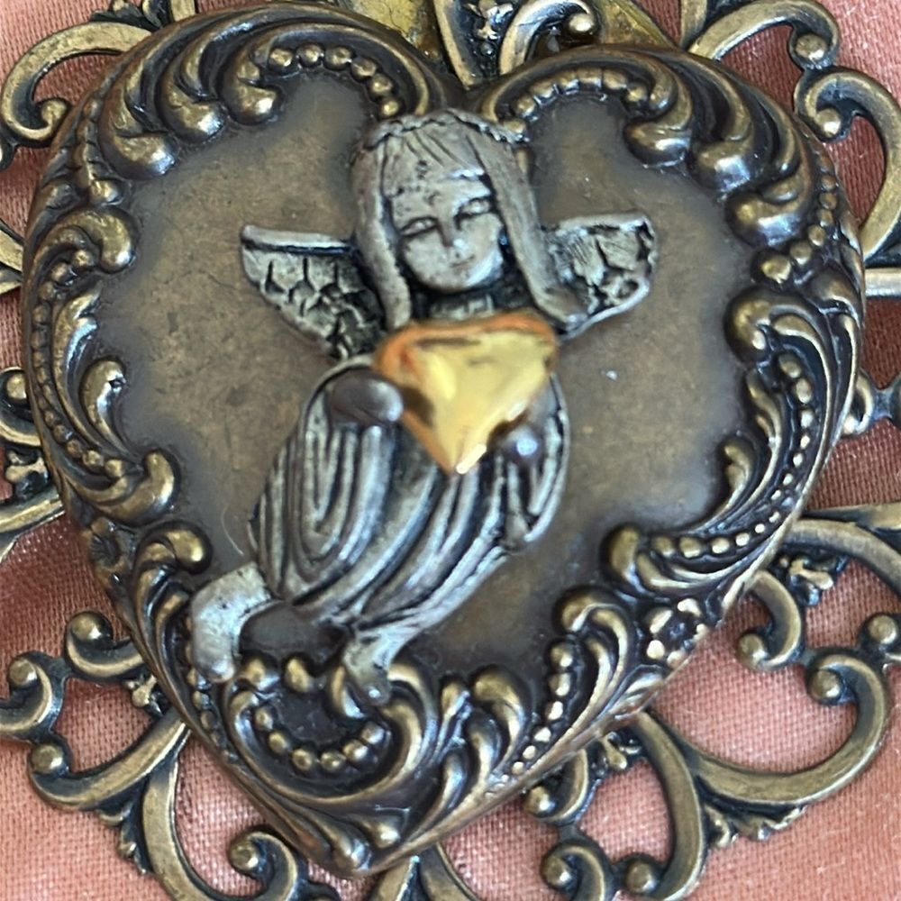 Handcrafted Layered‎ Brass Heart Pendant with Angel Design - Flattened Spoon